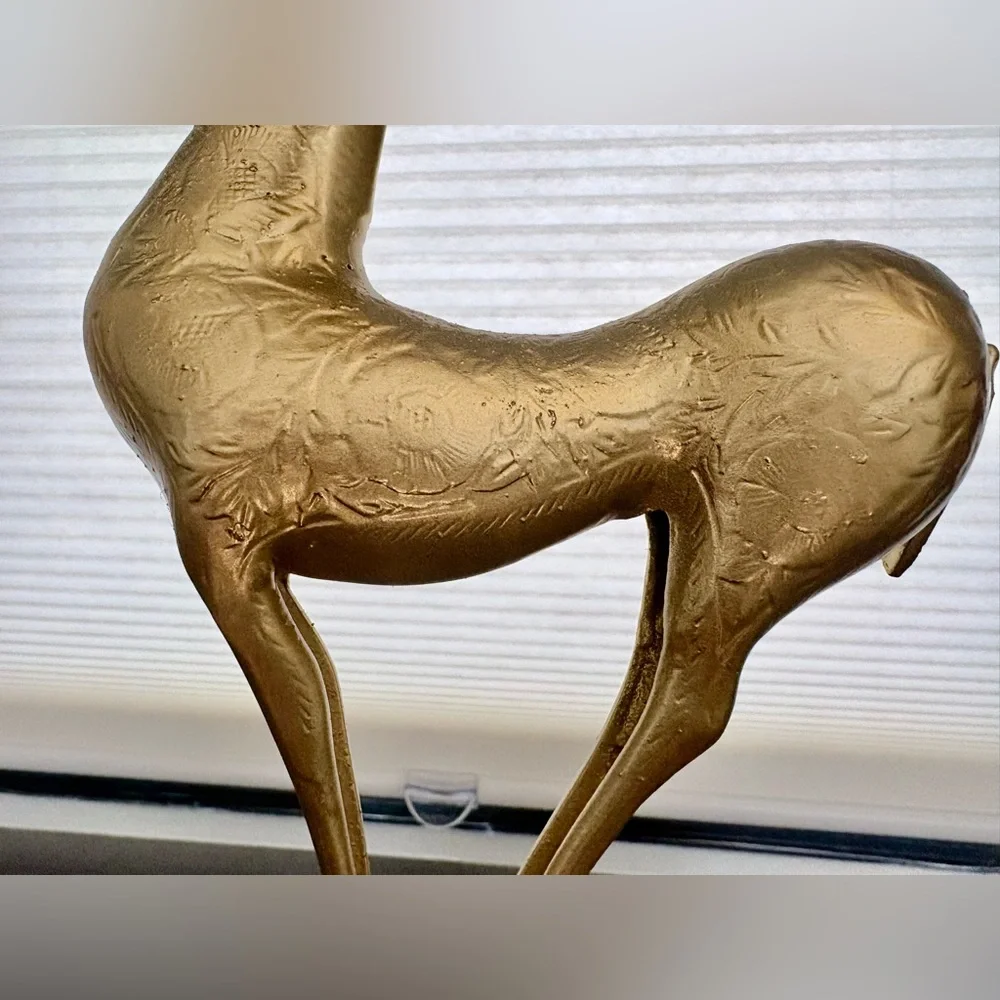 Set of 2 Vintage Ukrainian Metal Elegant Floral Embossed Gold Deer Figurines
